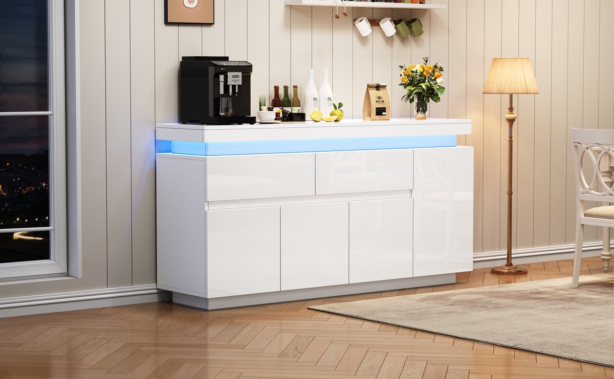 140 x 35 x 72,5 cm woonkamerkast, bijzettafel, kaptafel, bijzettafel met twee lades, hoogglans ladekast, ladekast met vijf lades, opbergkast met vier deuren, LED-vloerkast, wit