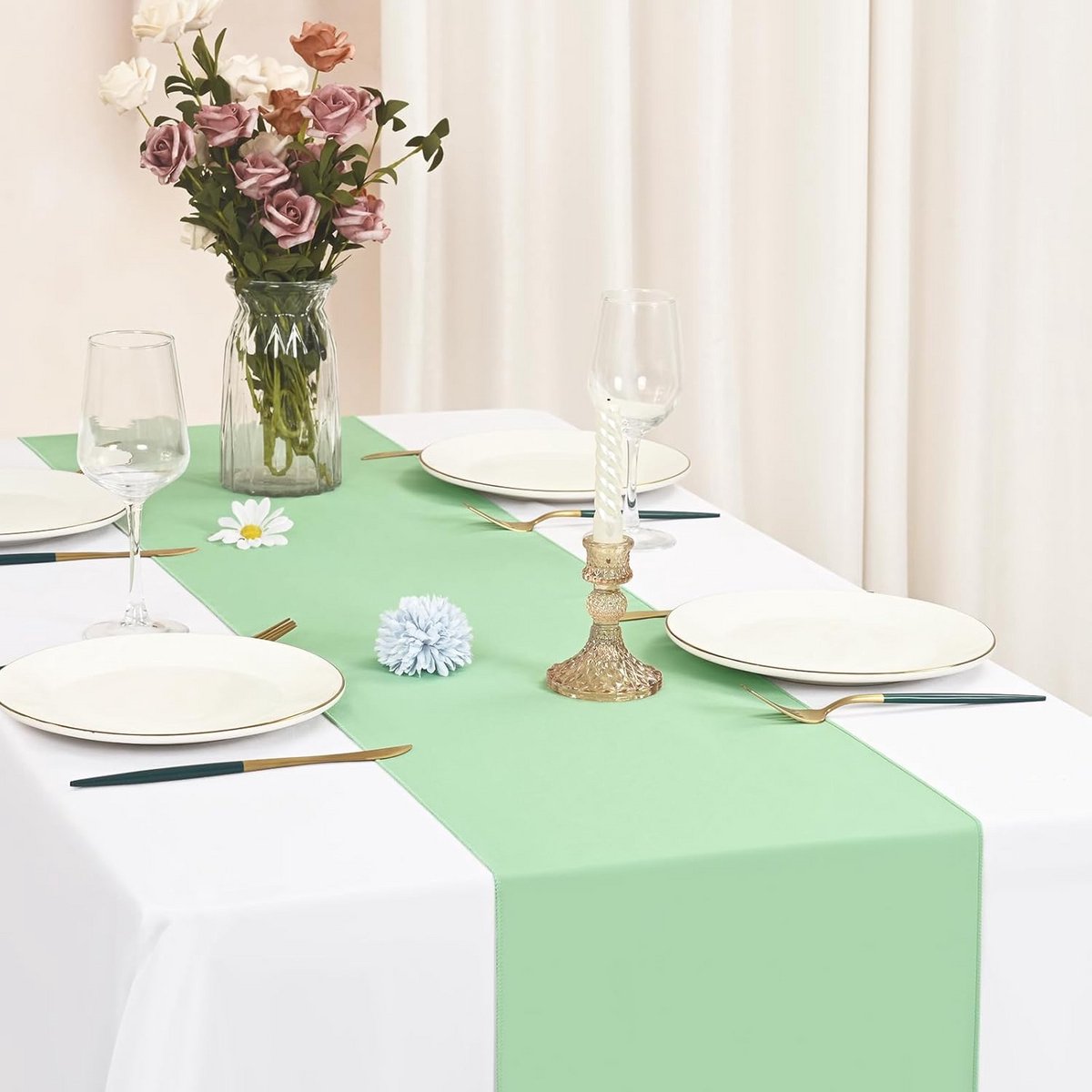 6x Tafel Loper Saliegroen 30x180 cm Polyester Tafeldecoratie voor Bruiloft en Feest