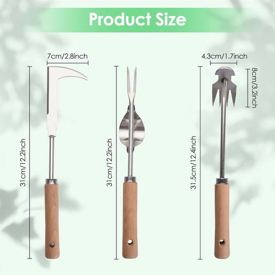 3-Pack Handonkruidgereedschap met Ergonomisch Houten Handvat - Draagbare Onkruidverwijderaar van Roestvrij Staal voor Tuin en Terras — afbeelding 4