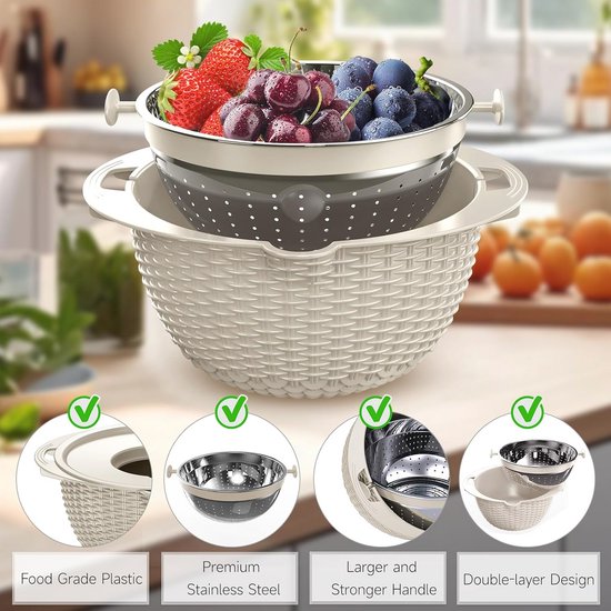 4-in-1 Vergiet Met Draaibare Kom - Multifunctionele Keuken Gadget - Perfecte Cadeau Voor Vrouwen - Beige — afbeelding 5