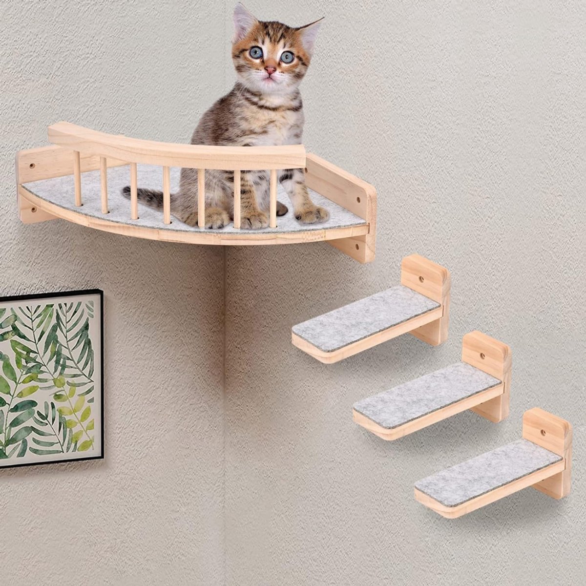 VIN® Katten Klimmuur - Katten Klim Wand - Klimrek Met 3 Standen - Wandmeubel Kat Bedekt Met Pluche - Katten Krabpaal – Inclusief Muurbevestiging
