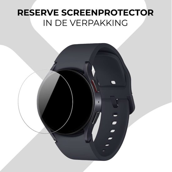 Donkergrijs smartwatch met een witte band en een doorzichtige screenprotector, gedeeltelijk over het scherm.