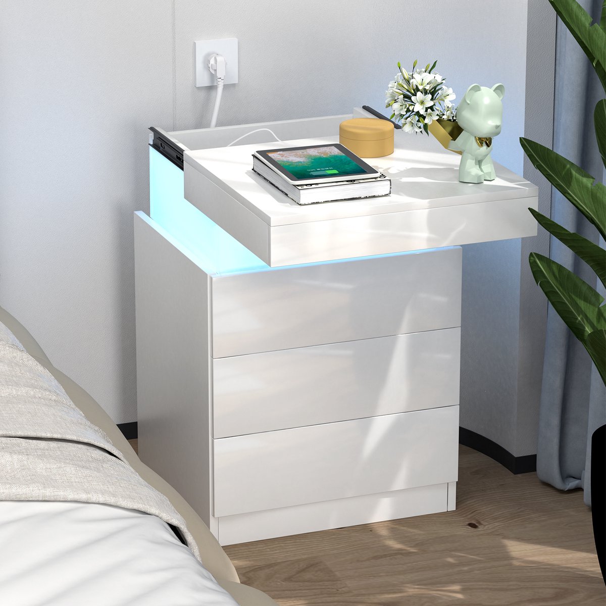 PIPIPOXER-Nachtkastje met stopcontact & USB, hoogglans met 3 lades, LED verlichting in 16 kleuren - wit