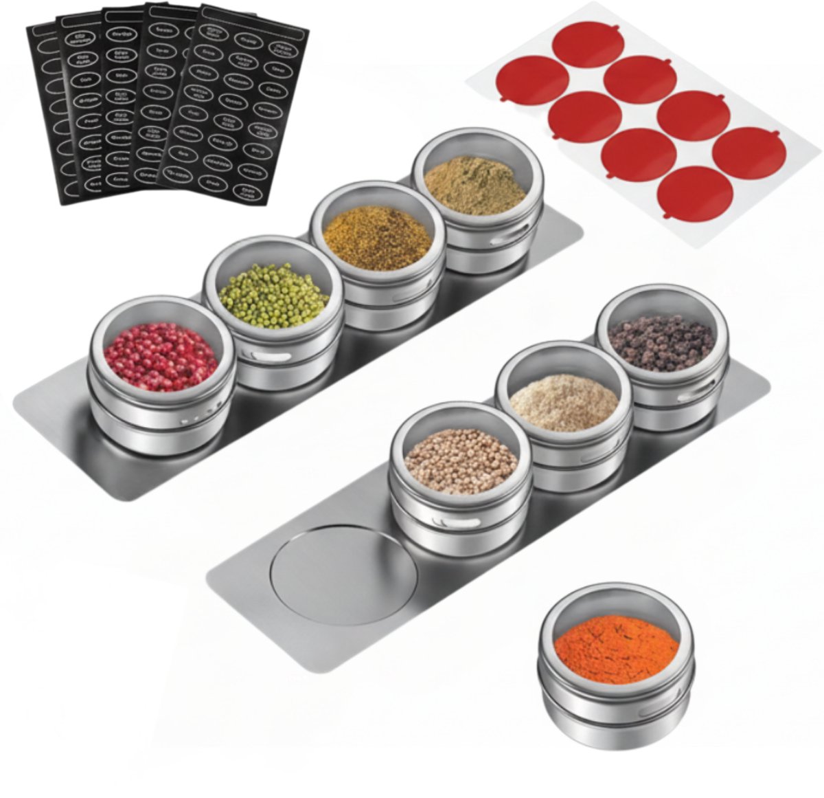 JustValue Kruidenpotjes Magnetisch RVS - 8 Stuks - 100 ml - Draaideksel met Strooiopeningen - Transparant Venster - Sterke Magneet - Voor Koelkast - Kruidenrek - Keuken Organizer - BBQ