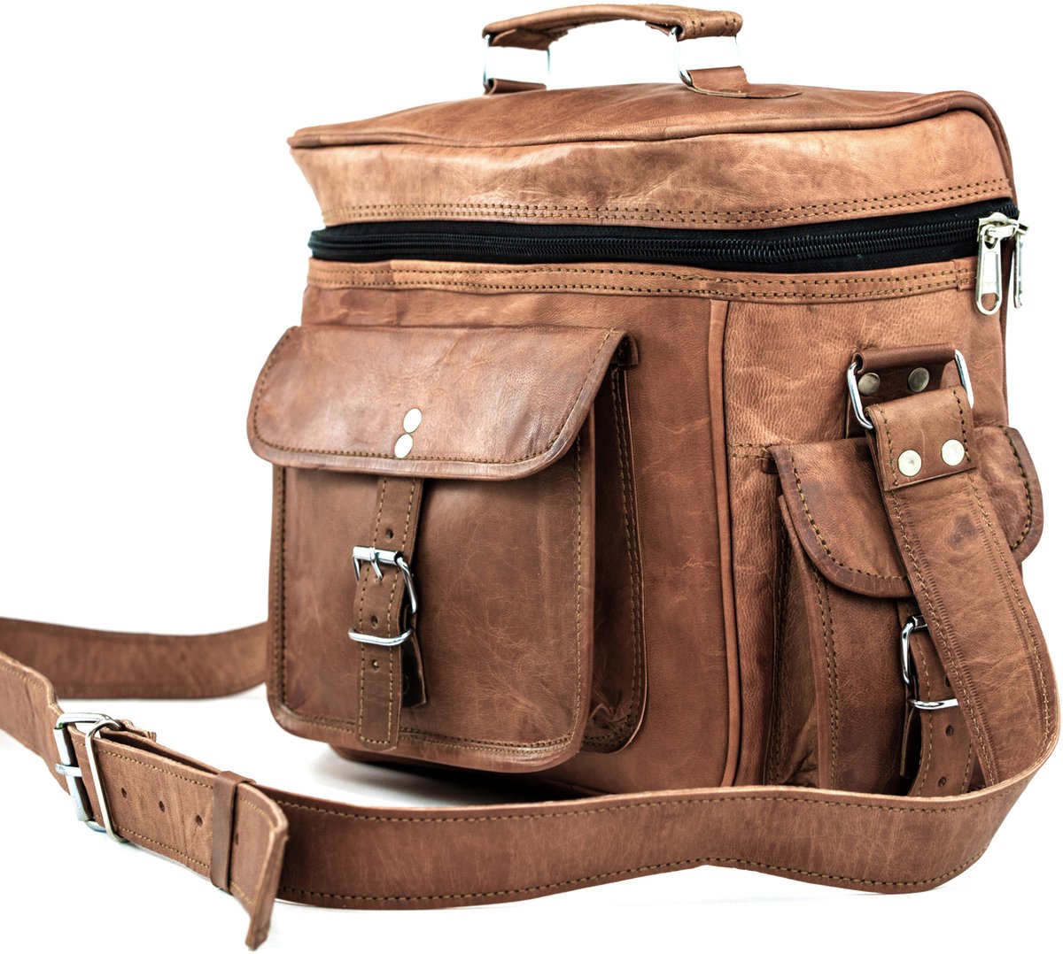 Multifunctionele Tas - Cognac Bruin ECHT LEER – Werktas – Fototas – Picknicktas – 35x25x15cm - Urban Chique ‘Alba’ OnceDoce® - model 0180