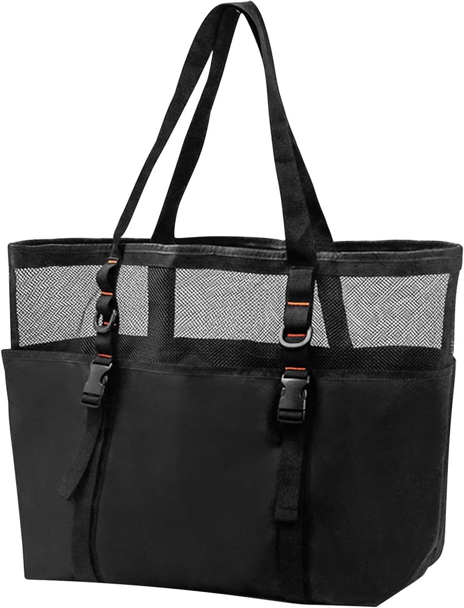 All4You – Familie Strandtas – Strand – Zwembad – Ademend Mesh – Zwart – Opvouwbaar – Ultralicht – 40 liter – 6 zijzakken – Meerkleurig – Reizen – Geschikt voor Strand/Zwembad