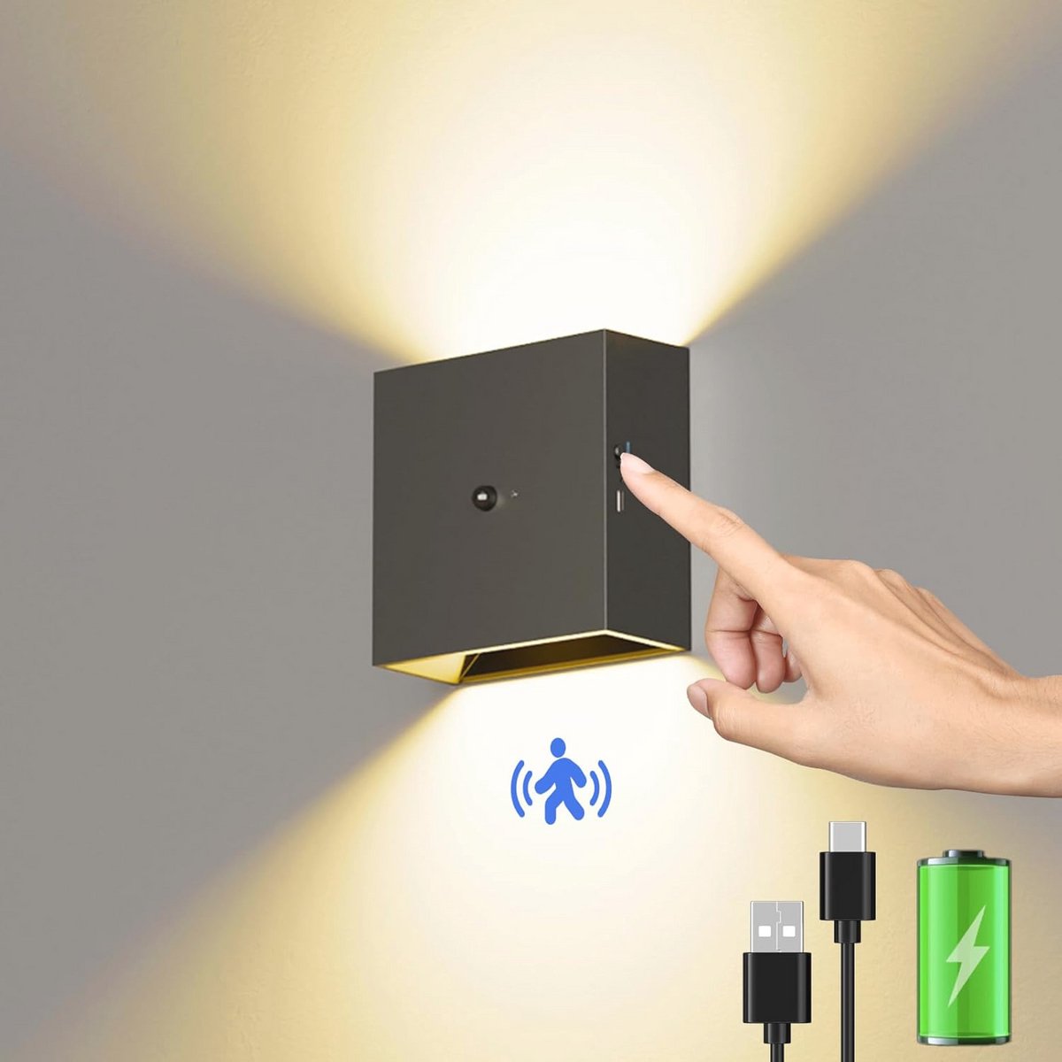 Oplaadbare LED-wandlamp met bewegingsmelder - Draadloze wandlamp voor binnen met 3 verlichtingsmodi, warmwit licht voor trap, hal, woonkamer, slaapkamer en garage