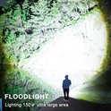 Een persoon met zaklamp verlicht een grote wateroppervlakte en rotswand, met tekst 'FLOODLIGHT Lighting 150 m² ultra large area'.