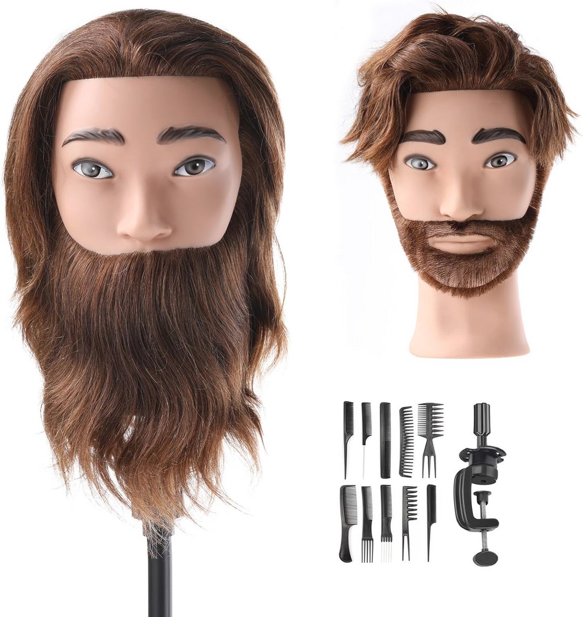 Echt Haar Mannen Mannequin Hoofd voor Kappers - Inclusief Tafelklem en Kamset (48 cm)