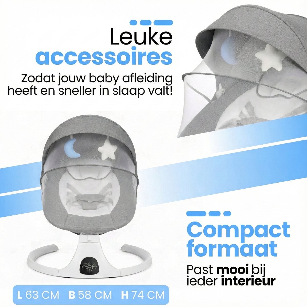 Laavir® Baby Swing – Elektrische Babyschommel – Automatische Wipstoel met Bluetooth & Afstandsbediening – Schommelstoel met 5 Snelheden – 5-Puntsgordel – Wasbare Hoes – Tot 9 kg – Grijs — afbeelding 6