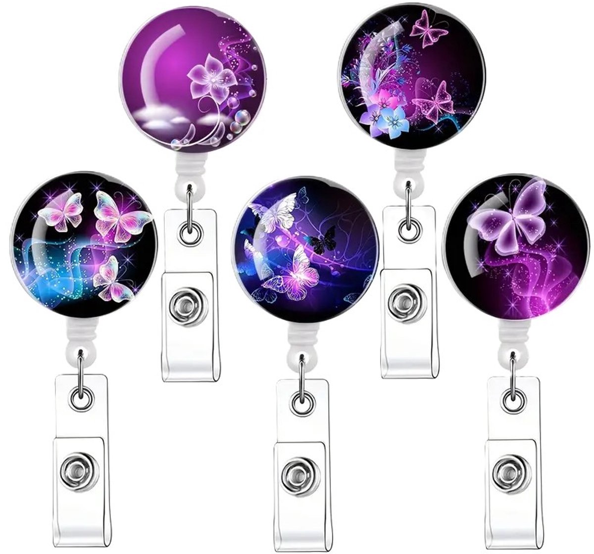 Mj Joys® - Badgehouder met trekkoord - 5-delige Set - Uitschuifbare Badgehouders met Clip - Badgehouder met afrolmechanisme - Badge houder - Badgehouder met koord - Badgehouder - Badgehouder met trekkoord - Vlinder