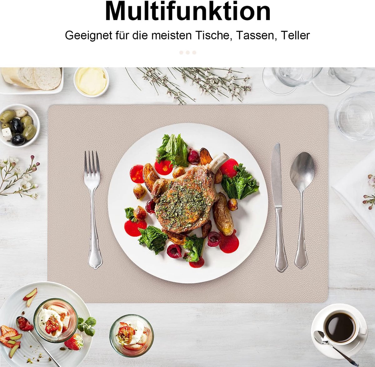 Candala Placemats lederlook set van 6 beige afwasbaar, hittebestendig placemat PU lederen placemats waterdicht 42 x 30 cm voor thuis, keuken, restaurant en hotel