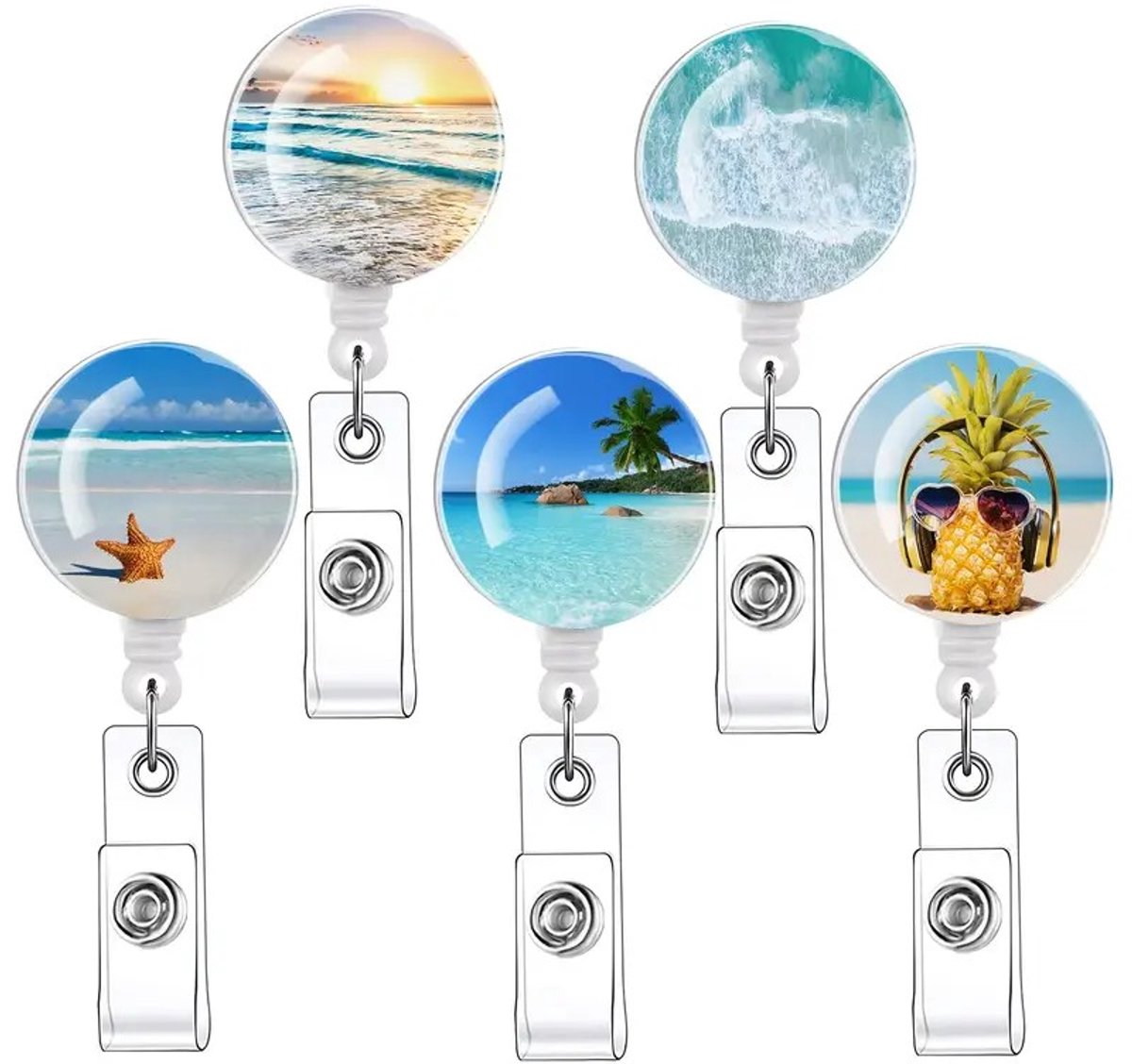 Mj Joys® - Badgehouder met trekkoord - 5-delige Set - Uitschuifbare Badgehouders met Clip - Badgehouder met afrolmechanisme - Badge houder - Badgehouder met koord - Badgehouder - Badgehouder met trekkoord - Beach - strand