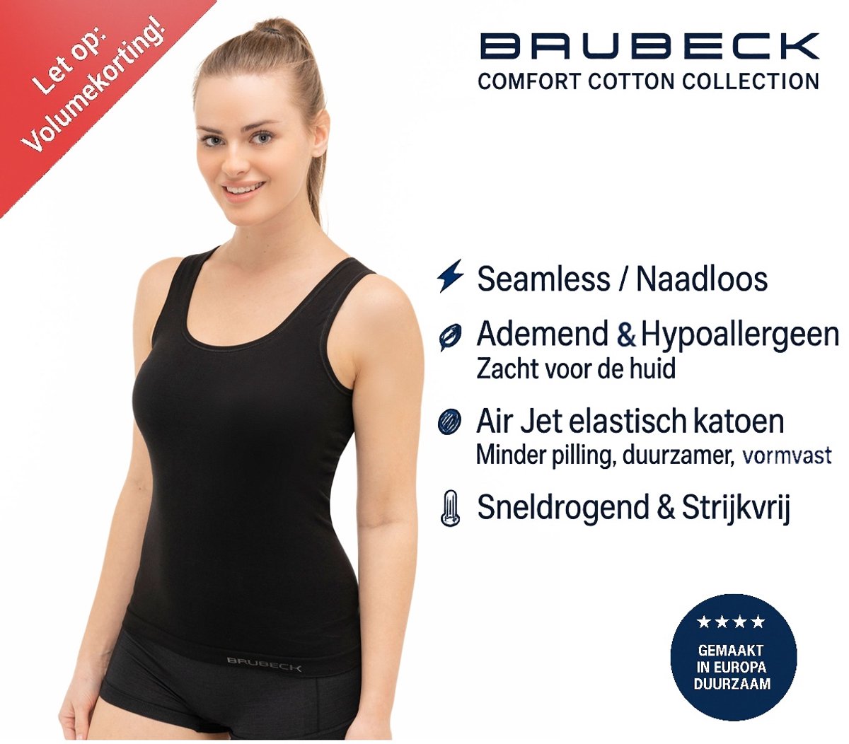 Brubeck Dames Seamless Hemd – Naadloos Katoenen Onderhemd – Ademend & Hypoallergeen - Zwart - XL