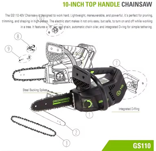 Greenworks 40V Elektrische Kettingzaag - 10 Inch - Snoeizaag - Takkenzaag - Handzaag - Kettingsnelheid: 15 m/s - Brushless - Inc. accessoires van Greenworks — afbeelding 5