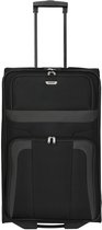 Valise trolley noire avec accents gris, debout. La valise a des fermetures éclair et une poignée rétractable.