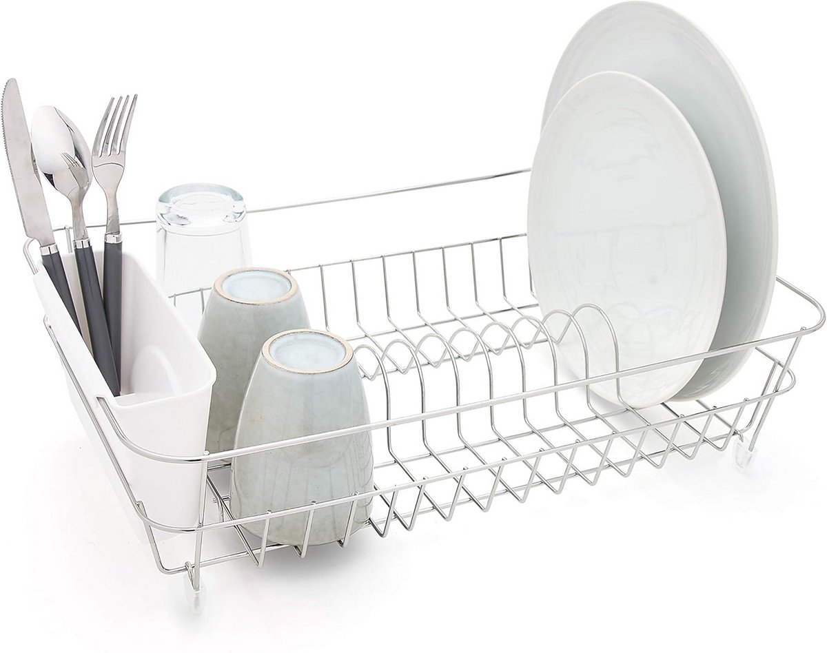 simplywire - Afdruiprek - Roestbestendig droogrek - Chroom met bestekmand (Witte Mand)