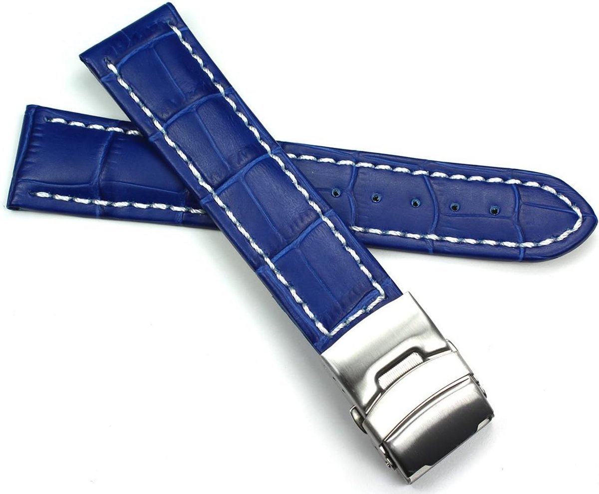 Leren Horlogeband 22mm - Croco-Embossed, Rvs Vouwsluiting, Mid-blauw