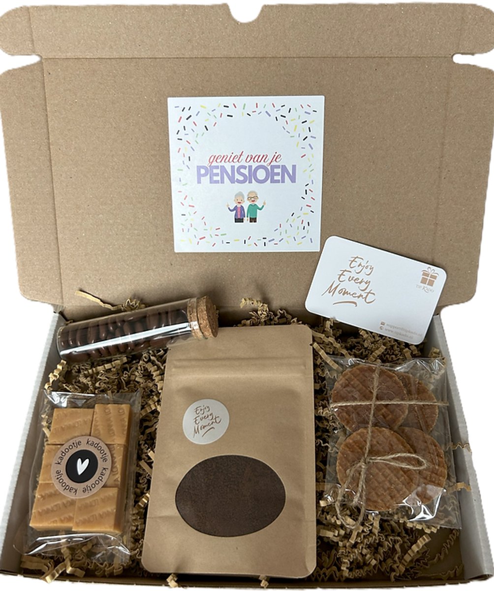 Pensioen koffie brievenbus cadeau - fudge - mokkaboontjes - chocolade - stroopwafels