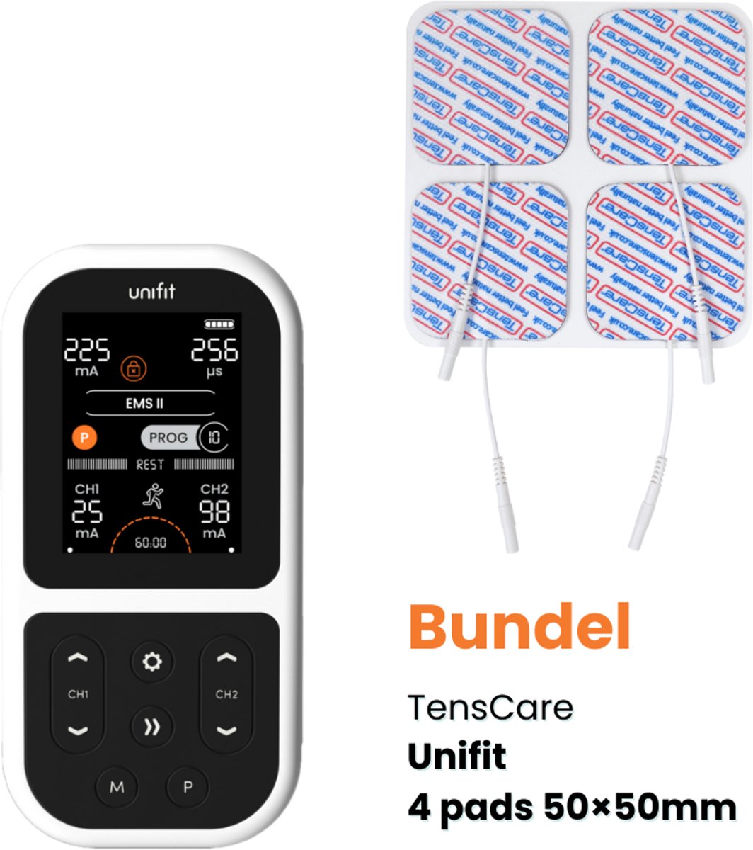 TensCare – Unifit bundel met extra 50x50 elektroden pads -Dubbelkanaals TENS Apparaat en EMS Spierstimulator – 12 TENS programma's – Pijnverlichting - Elektrodentherapie - Spierstimulator - Pijntherapie