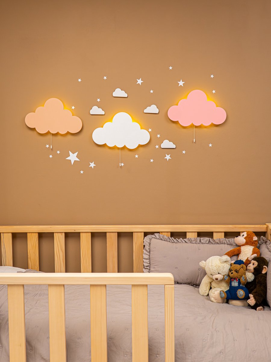 CozyCollections - Houten LED Nachtlamp - Wandlamp - Wolk nachtlampenset set - Muurlamp - Nachtlampje kinderen - Nachtlampje baby