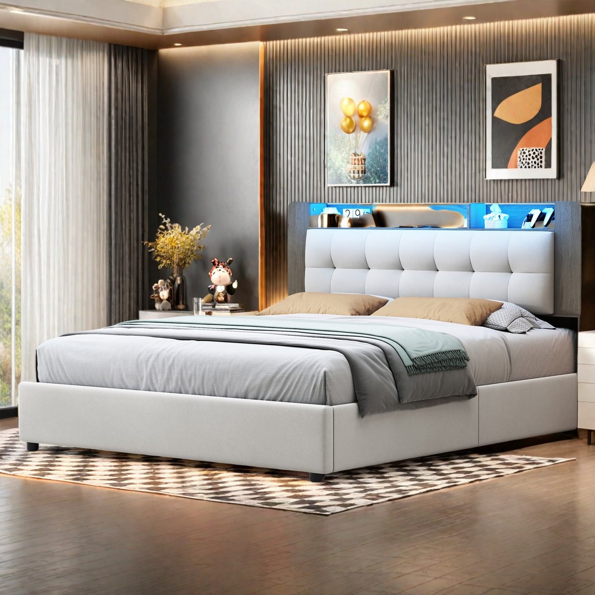 SHOPENTRA Opbergbed 160x200 cm - Beige fluwelen tweepersoonsbed thumbnail 2