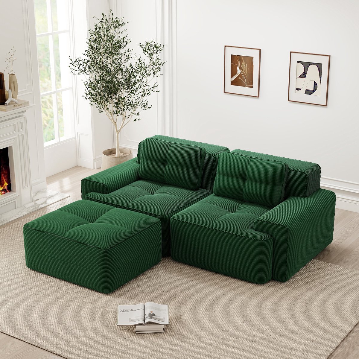 Sweiko Hoekbank - L-vormige bank - Modulaire tweezitter - Corduroy - Met voetenbank - Groen