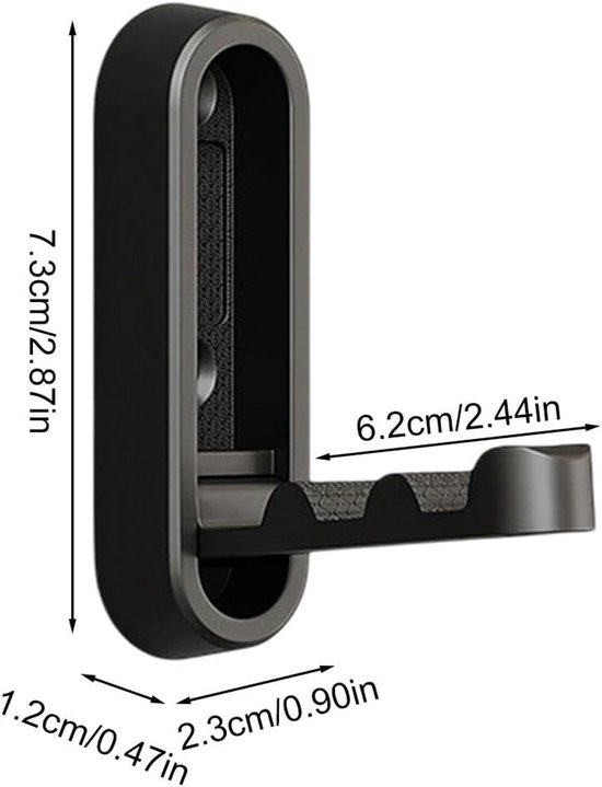 Zwarte, opklapbare wandhaak met afmetingen: 7.3cm/2.87in hoog, 6.2cm/2.44in breed, 1.2cm/0.47in diep.