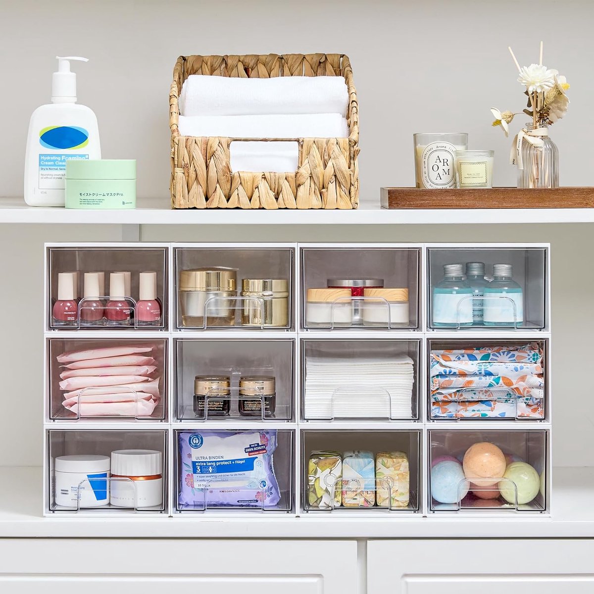 Candala - 4 stuks doorzichtige stapelbare opberglade, 10 cm hoge acryl badkamer make-up organizer, plastic opbergbakken voor ijdelheid, ondergootsteen, keukenkasten, bijkeuken, thuisorganisatie (wit)