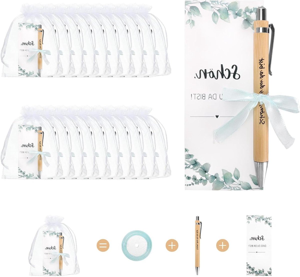 Bruiloftsgast Cadeau met Houten Bord en Organza Zakje - Pennen Set - Blij Dat Je Er Bent - Feest Gunst - Bedankje - Praktisch Cadeau - Geschikt voor Diverse Feestelijke Gelegenheden - Natuurlijke Kleur en Stijlvol Design