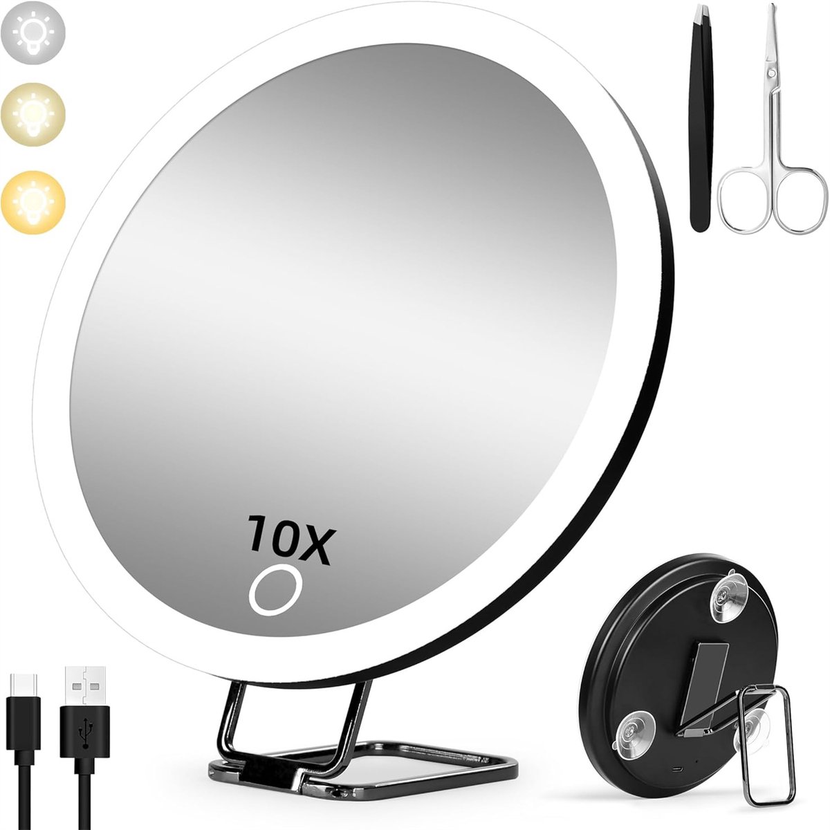 QTTVBTNA - 10x Vergrotingsmake-up Spiegel - Oplaadbare LED Spiegel - 3 Verlichtingsmodi - Met Zuignappen en Steun - Handig Reismakeup Spiegel - Zwart - 15 cm - 1 Stuk
