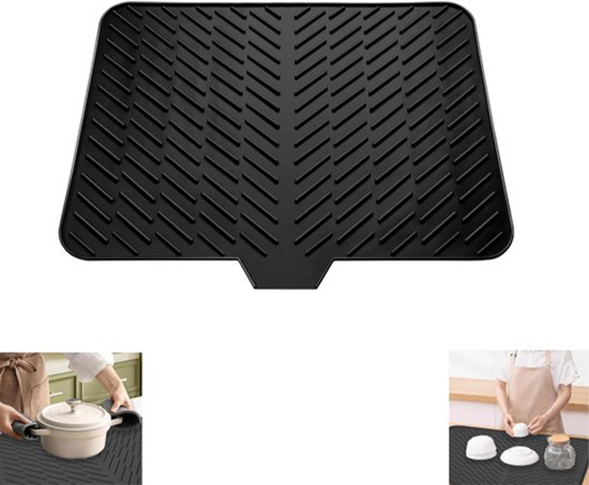 MDUG Siliconen afdruipmat - 58 x 43 cm - Zwart - Met ingebouwde afvoergoot - Hittebestendig - Lekvrij en antislip - Geschikt voor aanrechtbladen of gootstenen - Siliconen afdruipmat