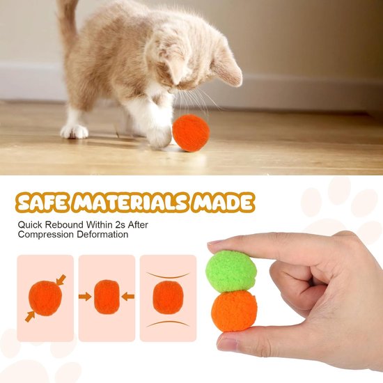 Een kat jaagt op een oranje pomponbal. Illustratie toont snelle rebound.
