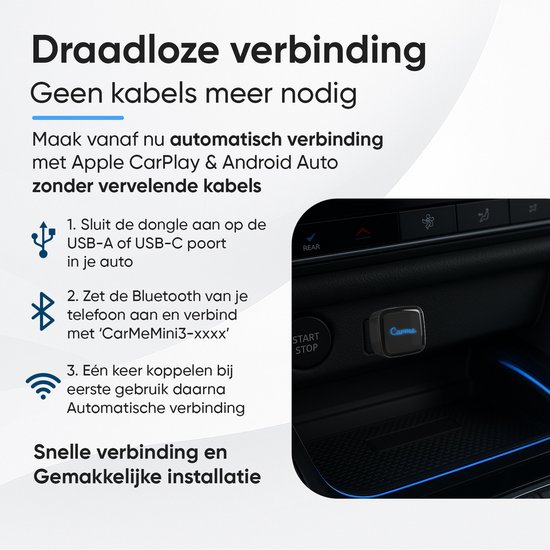 CarMe Ultra Mini 2-in-1 CarPlay Dongle - Draadloos CarPlay & Android Auto - USB-A & USB-C - Android Auto Dongle - Zwart