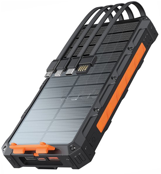 Sounix Solar Powerbank 30000 mAh - 22.5W snellader Powerbank zonneenergie - Ingebouwde kabels - USB A/USB C/Micro USB - Zwart