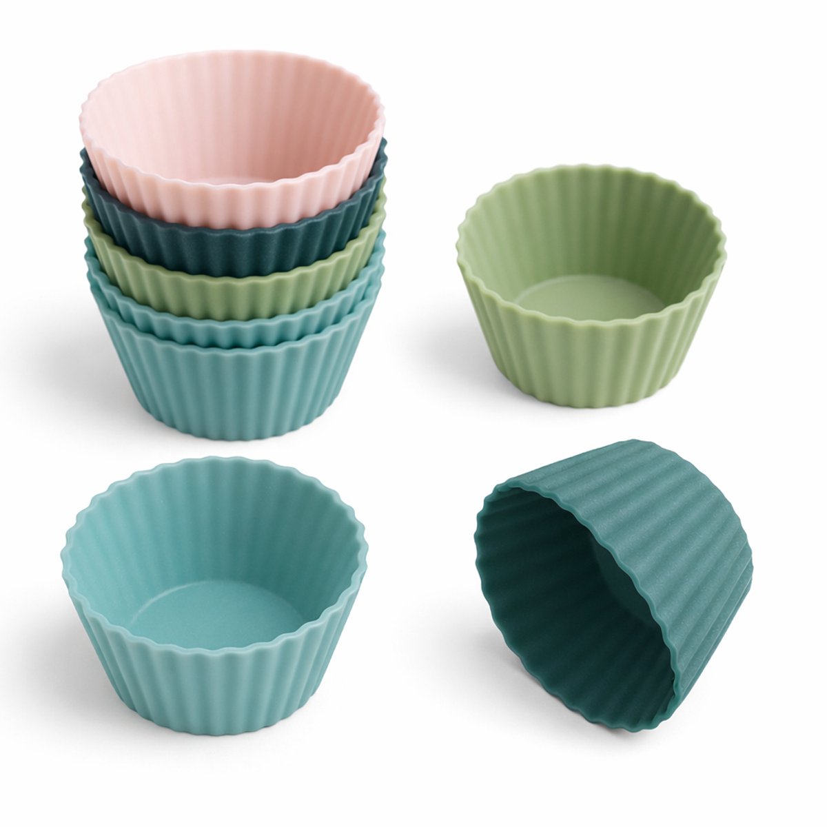 BOTC Herbruikbare Siliconen Bakvorm - 12 stuks - Siliconen Muffinvormpjes voor Cupcakes - BPA-vrij, normaal - Wit, Blauw en Groen