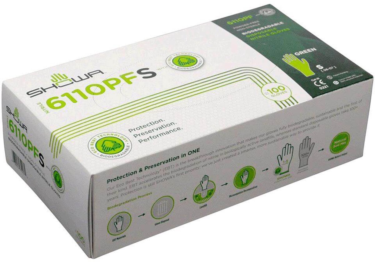 Showa Wegwerp handschoen - Bio-nitril - Poeder en Latex vrij- 100 stuks - Maat XS - Groen 6110PF