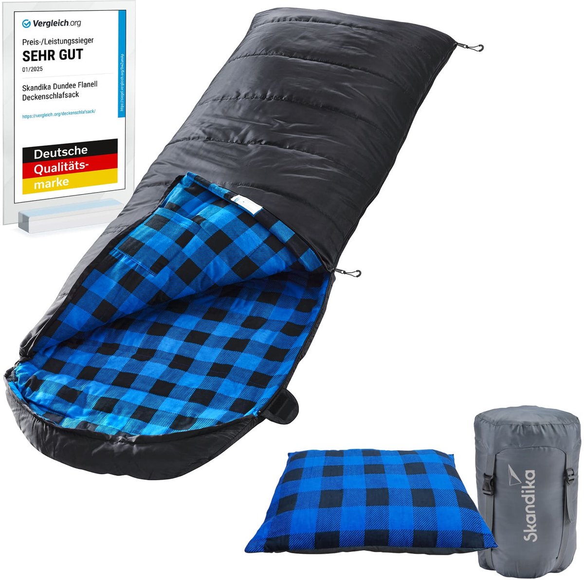 Skandika Dundee Flannel Slaapzak Bundle – Slaapzakken – Slaapzakken volwassen - Unisex - Katoen luxe kwaliteit dubbele slaapzak 3 seizoenen comforttemperatuur tot -20°C - 220 x 80 cm - Outdoor kampeerslaapzak - zwart/blauw