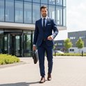 Man in donkerblauw pak met bruine schoenen en sokken loopt naar camera.