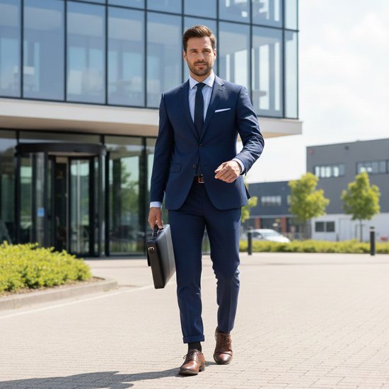 Man in donkerblauw pak met bruine schoenen en sokken loopt naar camera.