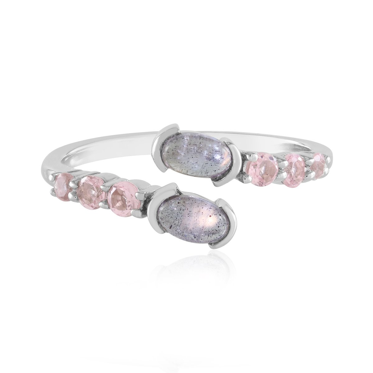 Cavill - Geplatineerde Zilveren Ring - 2x 0,487 ct Roze Minary Labradoriet & 0,331 ct Roze Toermalijn - Modern Open Design