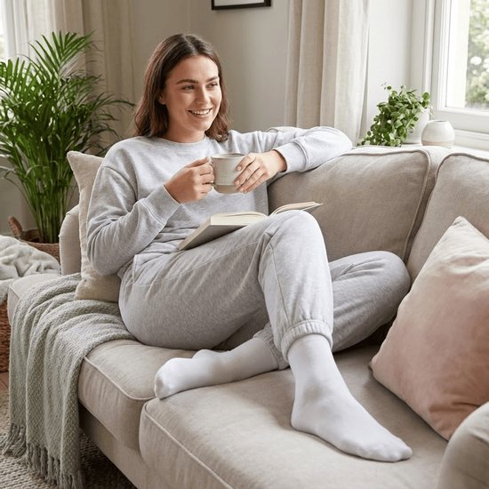 Een lachende vrouw in een joggingpak en witte sokken zit op een bank met een kopje en een boek.