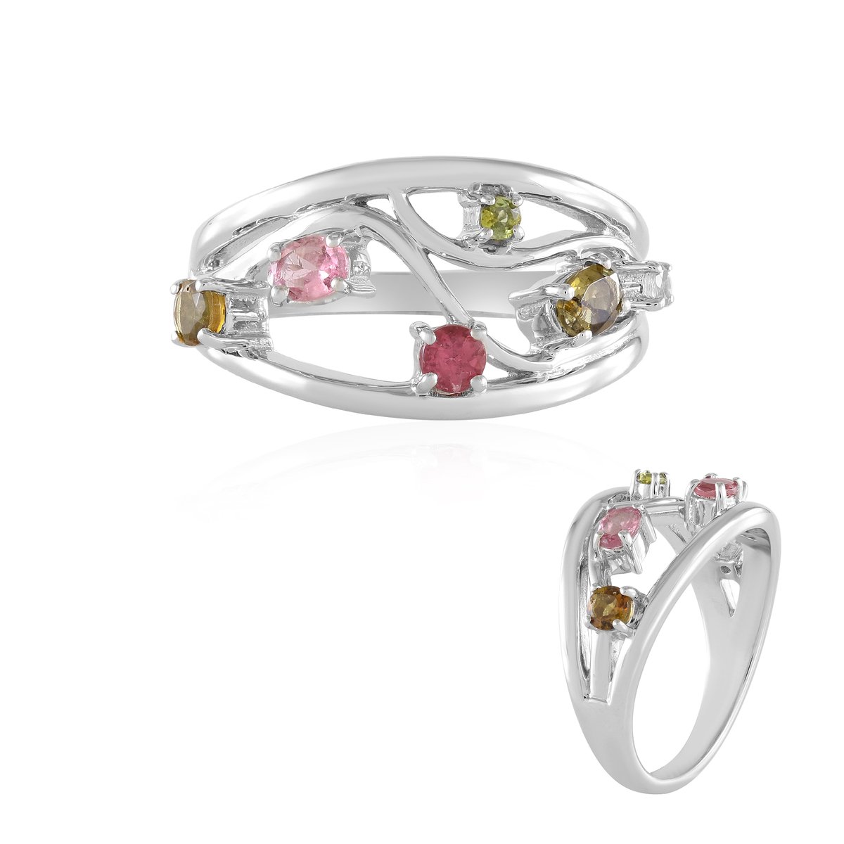 Cavill - Zilveren Ring met Toermalijnen 0,585 ct - 925 Sterling Zilver Geplatineerd Verguld - Modern Dames Sieraad - Kleurrijk Oval Rond