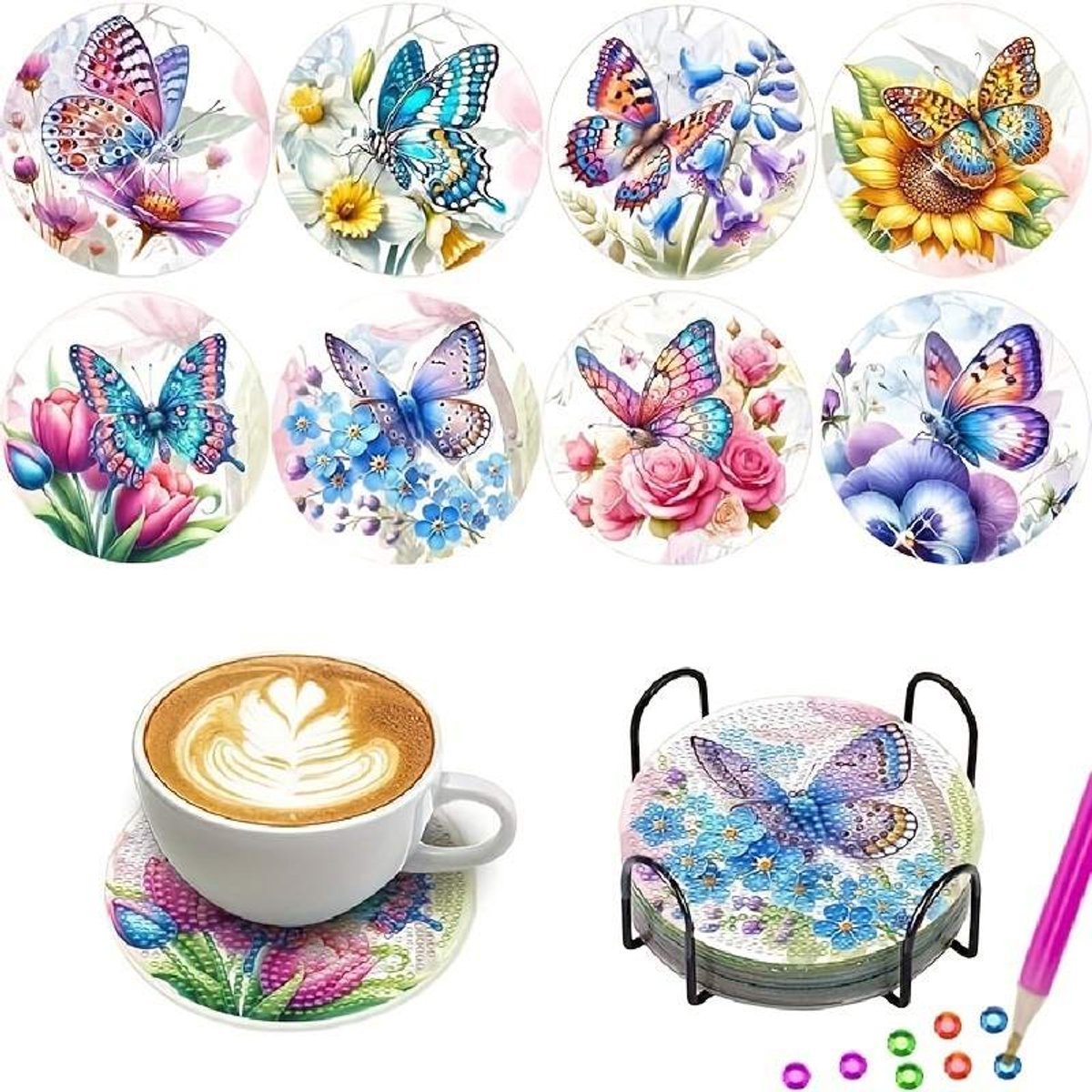 VDTOYS® DIAMOND PAINTING voor volwassenen - vlinders - Onderzetters - Coasters - Onderleggers - Ronde steentjes - 8 stuks - Compleet Hobbypakket - set AN 489 VLINDERS