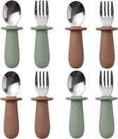 Funnies Kinderbestek 8-delig - Babybestek avec 4 cuillères & 4 fourchettes - Silicone & RVS - Sans BPA et sûr - Pour bébés & tout-petits - Idéal pour manger & grignoter - Design durable - Caramel & Stone Green