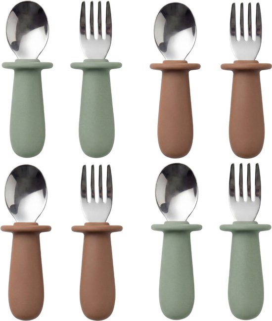 Funnies Kinderbestek 8-delig - Babybestek avec 4 cuillères & 4 fourchettes - Silicone & RVS - Sans BPA et sûr - Pour bébés & tout-petits - Idéal pour manger & grignoter - Design durable - Caramel & Stone Green