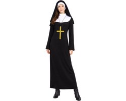 Joya Party® Non Verkleed Kostuum Dames | Luxe Nonnen Jurk met Kap & Kruis | Stretch & Ondoorzichtig | Carnaval, Themafeest & Halloween | Verkleedkostuum Vrouw | Maat M