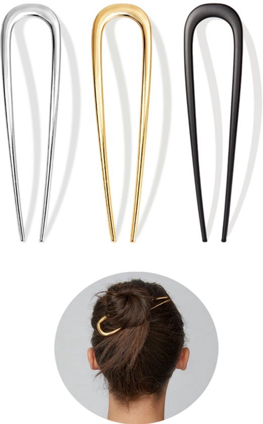 Zilveren, gouden en zwarte U-vormige haarspelden. Een vrouw met een opgestoken kapsel met gouden haarspeld.