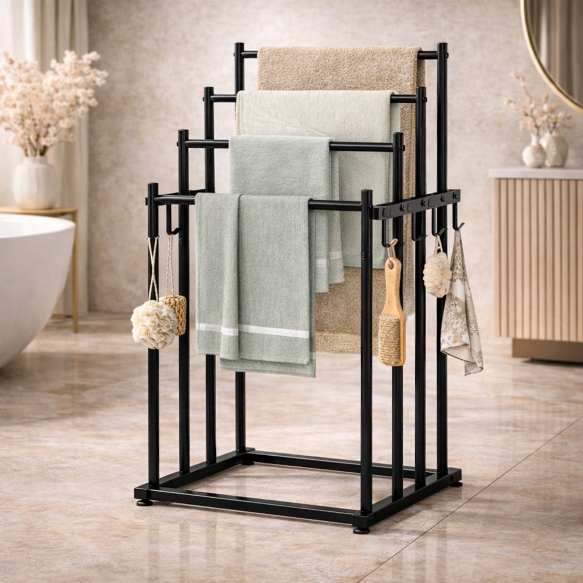 MeubelsvanJoep handdoekrek zwart badkamer staand 45 x 34 x 83 - Handdoekrek zwart keuken - Handdoekladder zwart metaal - Handdoekrek staand
