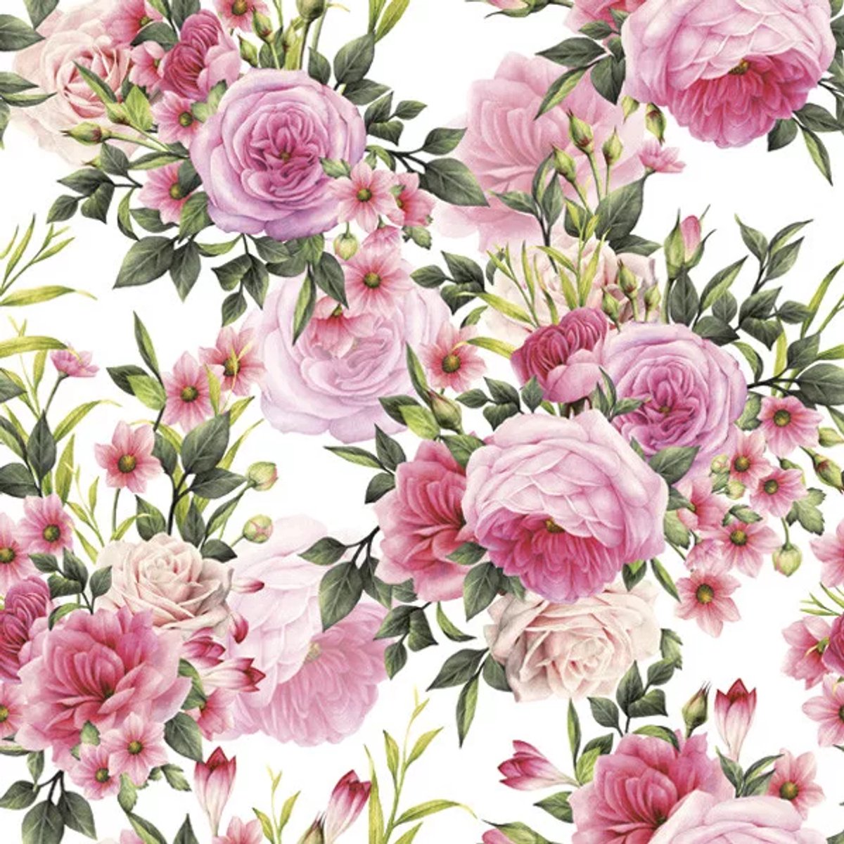 40 Servetten - Tros Roos - Bloem - Blad - Licht Roze - Roze - Zalm Roze - Wit - Groen - 33 x 33 cm - 3-Laags - Daisy